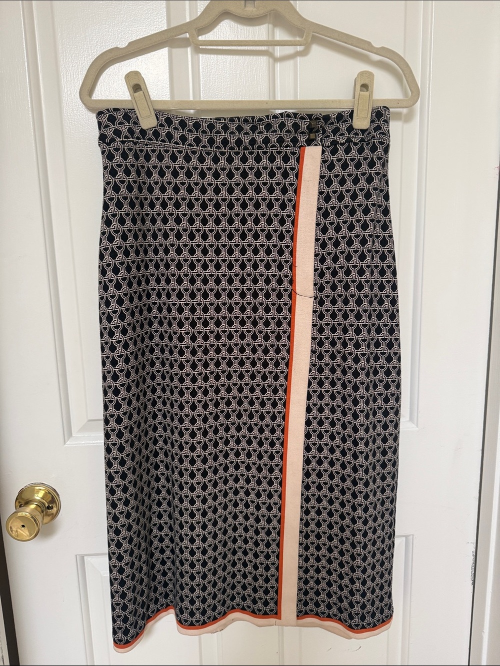 Tracy Reese: Black Patterned Midi Skirt with Coral Trim